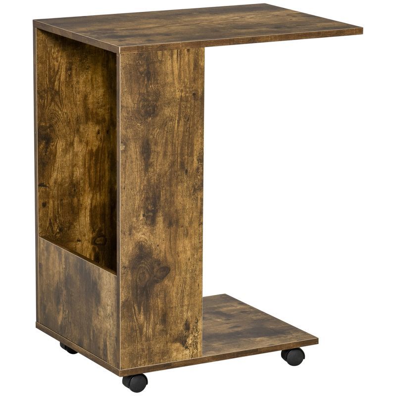 Compact C-Shaped Mobile Side Table with Storage in Rustic Brown Wood