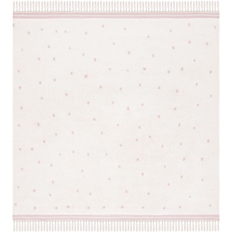 Ivory and Pink Hand-Knotted Washable Square Rug