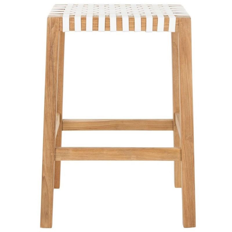 Natural Teak and White Leather Backless Counter Stool