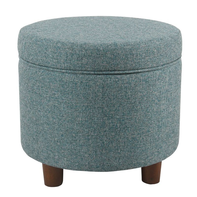 Mid-Century Modern Teal Tweed Round Storage Ottoman