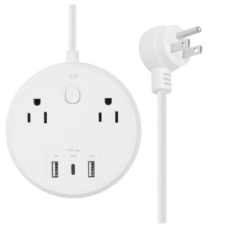 Compact White USB-C Power Strip with 2 Outlets and 57W 3 USB Ports