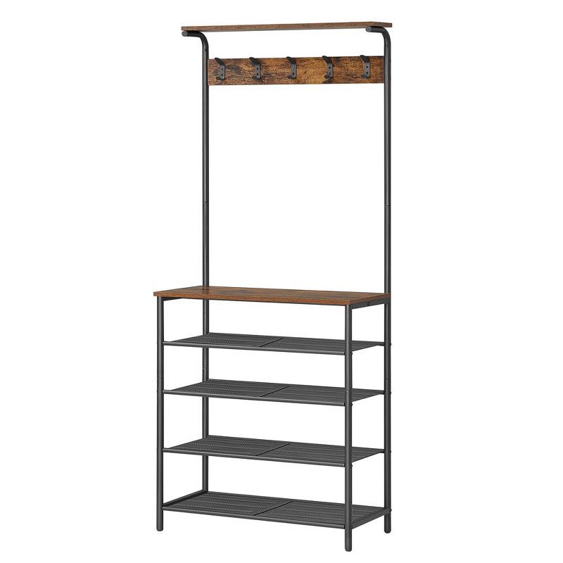 Rustic Brown and Black Industrial Hall Tree with 5-Tier Shoe Rack