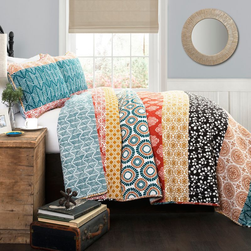 Full Turquoise and Tangerine Cotton Reversible Quilt Set