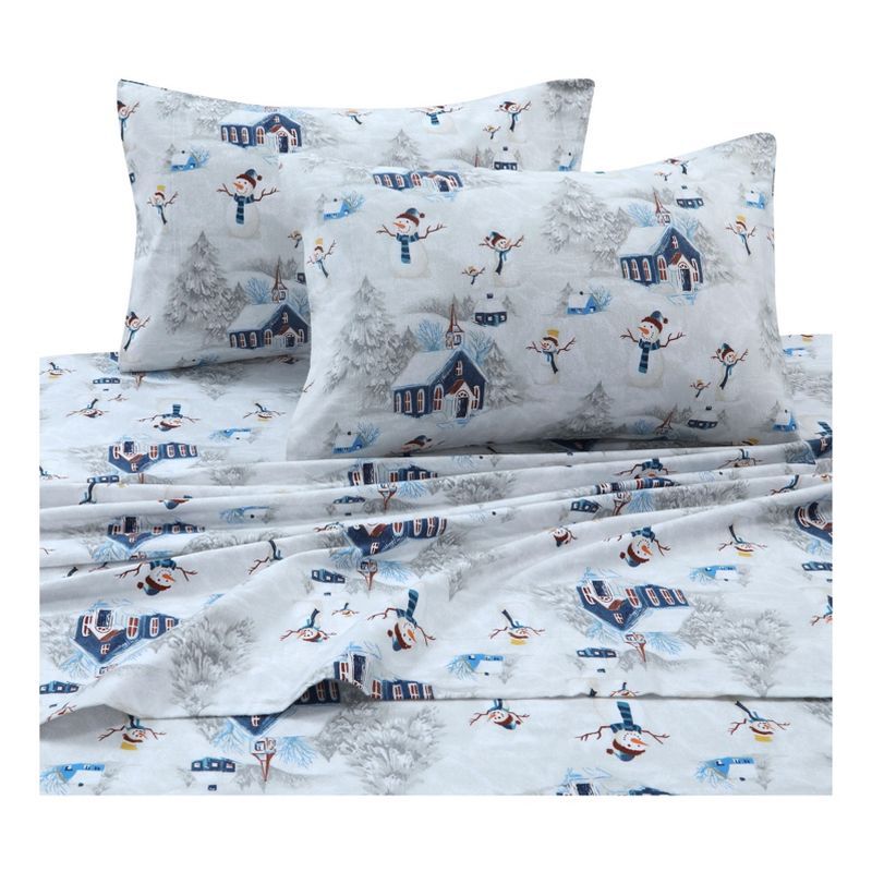 Navy Red Snowman Cotton Flannel Queen Sheet Set