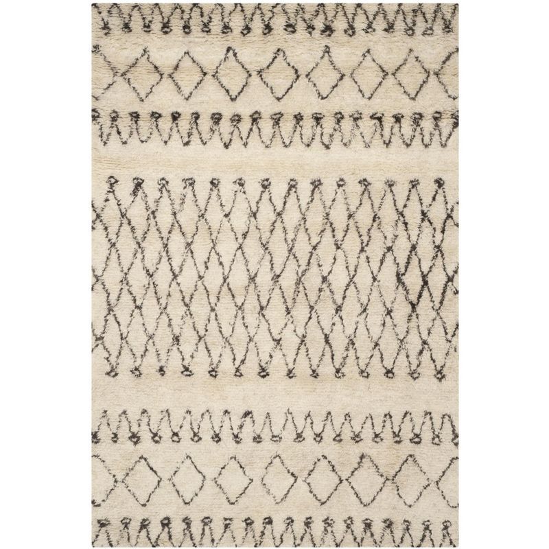 Ivory and Dark Brown Hand-Tufted Wool Shag Rug 5' x 8'