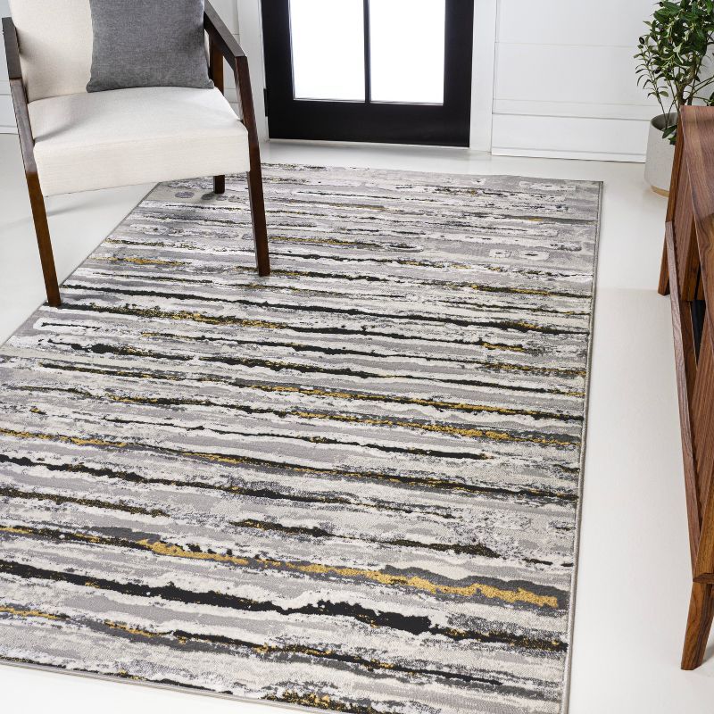 Gray and Black Modern Stripe Synthetic Area Rug