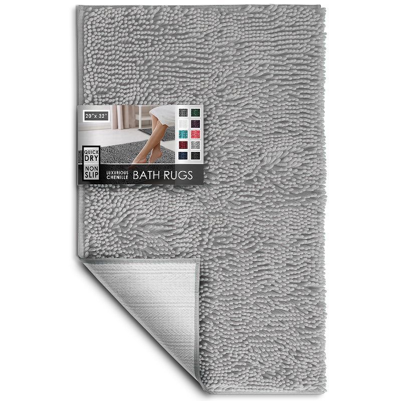 Light Gray Chenille Bath Mat with Non-Slip Rubber Backing, 20x32