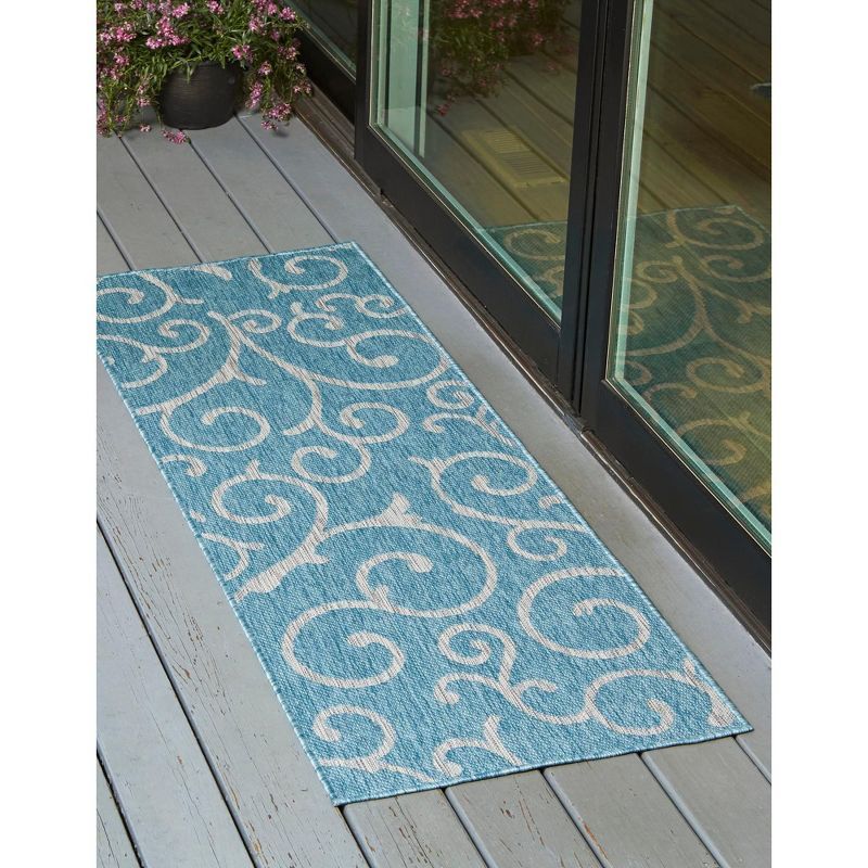 Light Aqua and Ivory Flat Woven Outdoor Runner Rug