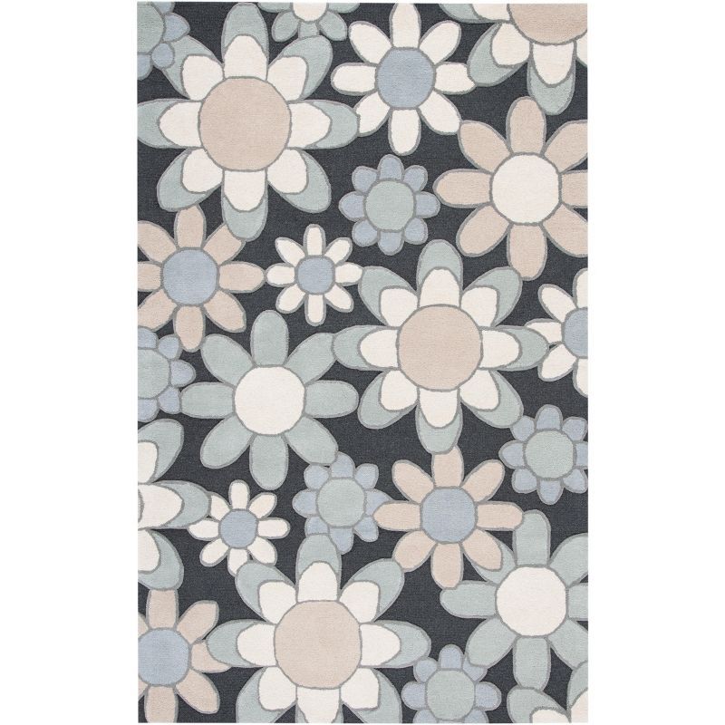 Ivory and Charcoal Floral Hand-Tufted Wool Kids Rug