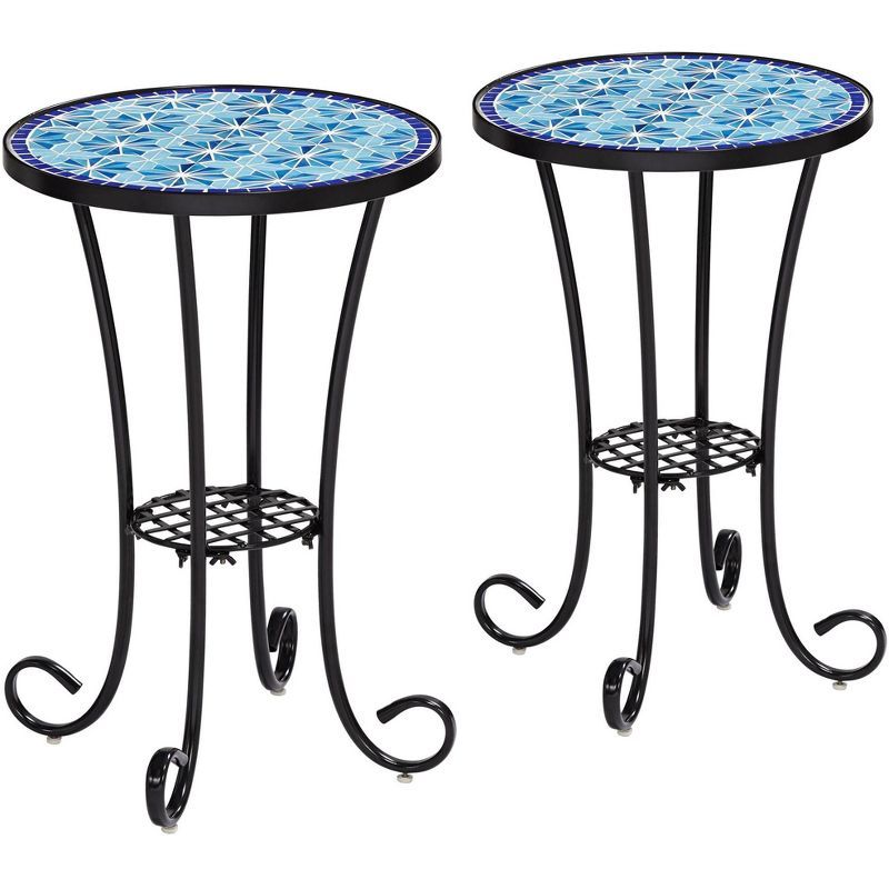 Coastal Black & Blue Stars Mosaic Outdoor Accent Tables Set of 2