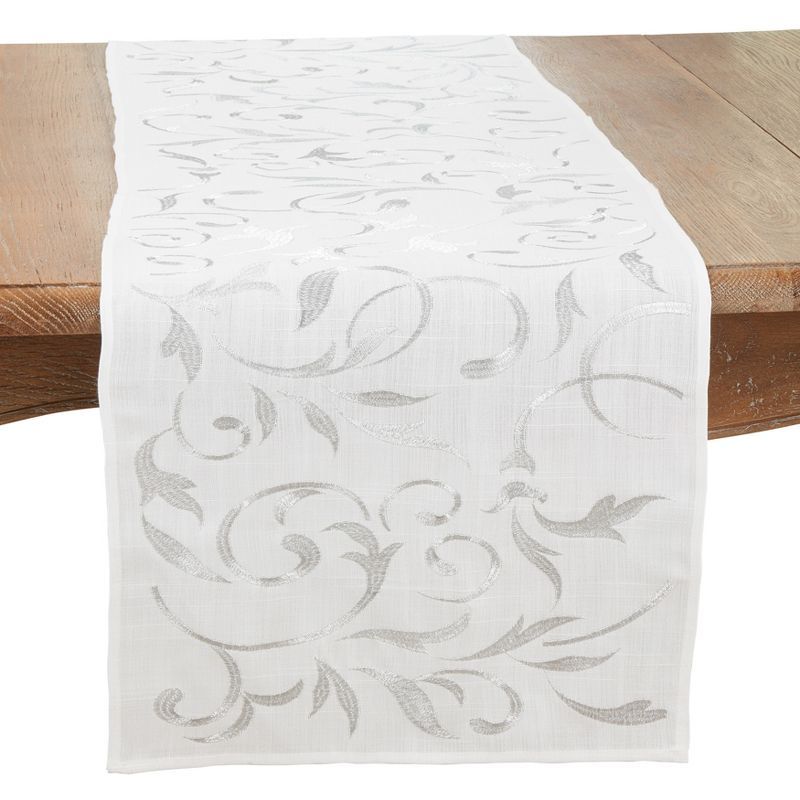 Silver Botanical Embroidered Leaves Polyester Table Runner