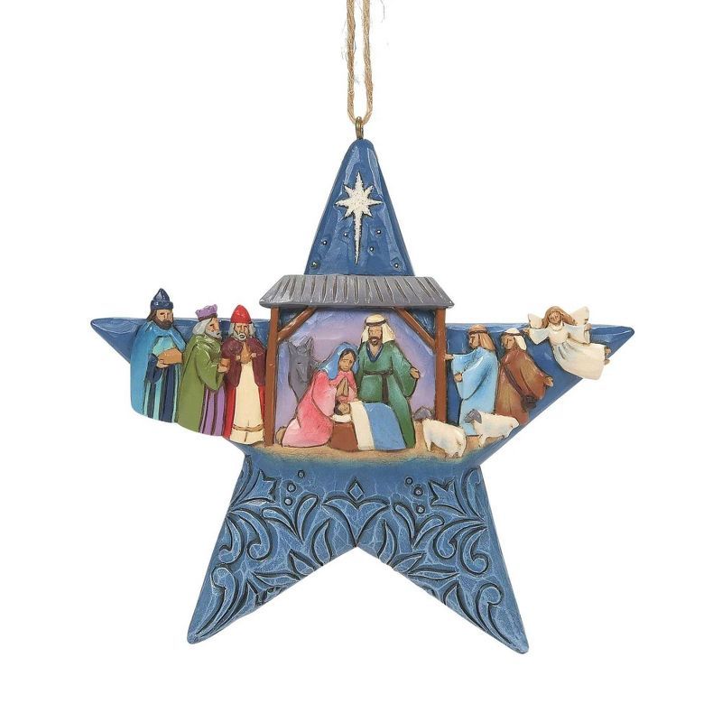 Blue Resin Star Ornament with Nativity Scene