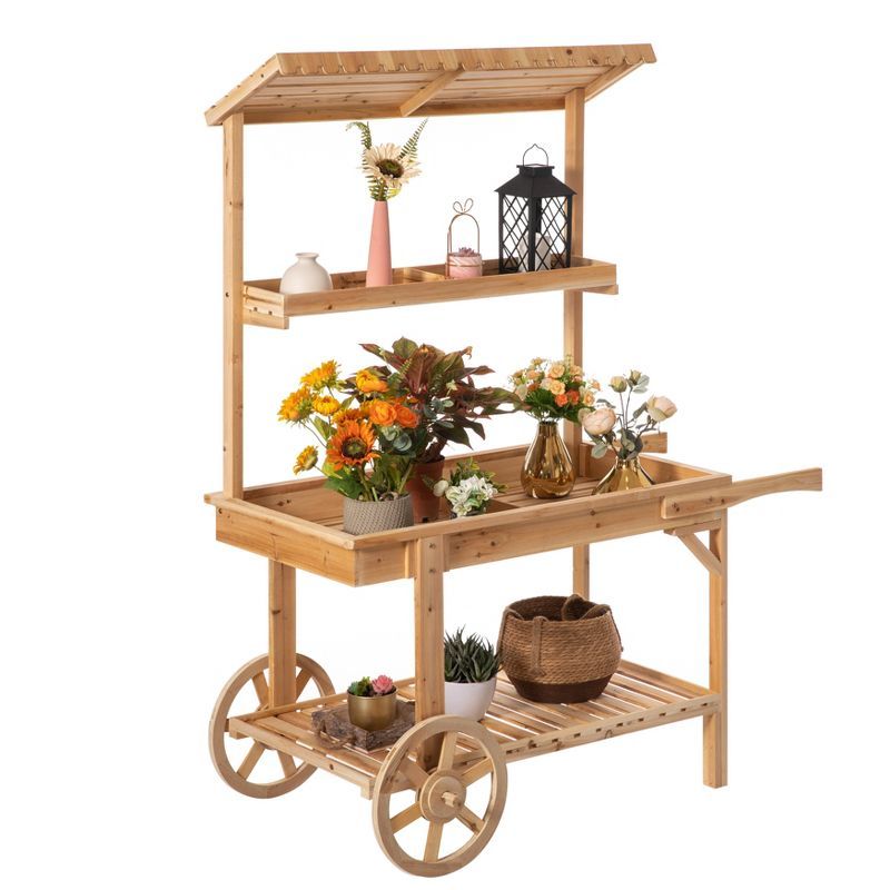 Antique Solid Wood Two-Tier Plant Display Cart with Wheels