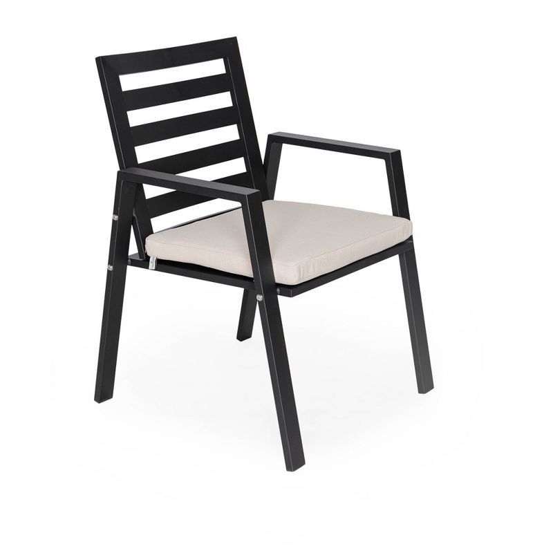 Black Aluminum Outdoor Dining Chair with Beige Cushions