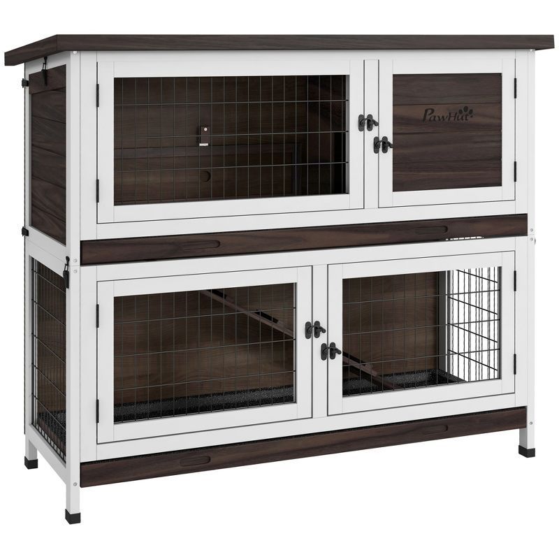 46" Brown and White Wooden Double-Decker Guinea Pig Hutch