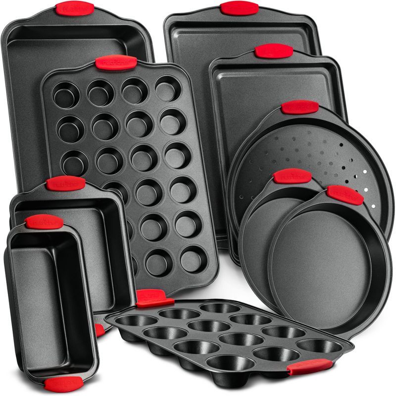 NutriChef 10-Piece Nonstick Carbon Steel Bakeware Set with Red Silicone Handles