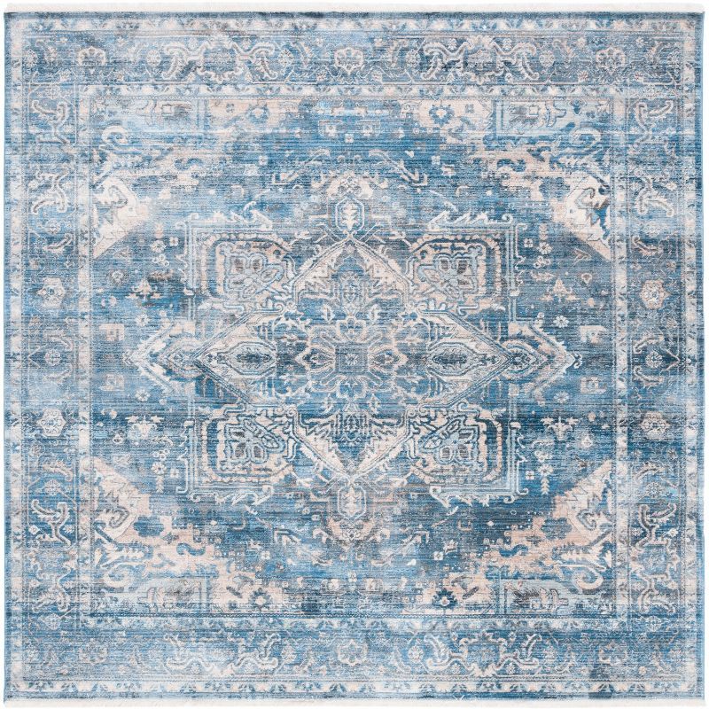 Ivory and Navy Synthetic Flat Woven Square Rug, 6'7" x 6'7"