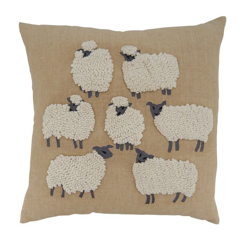 Natural Cotton Embroidered Sheep Square Throw Pillow