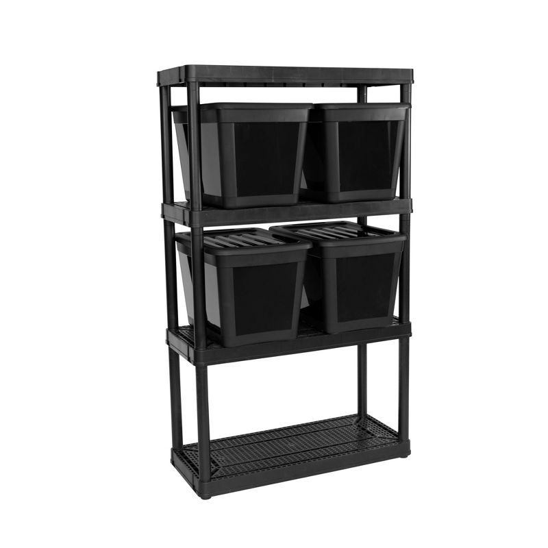 Sleek Black 4-Tier Ventilated Resin Shelving Unit with Bins