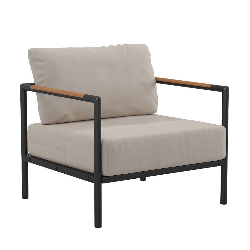 Modern Black Steel Patio Chair with Beige Cushion Accents