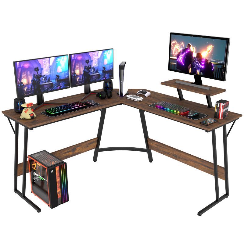 Brown L-Shaped Wood Corner Gaming Computer Desk