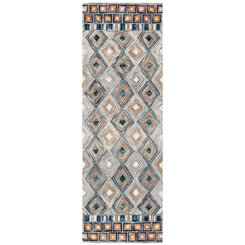 Handmade Tufted Blue Geometric Wool Runner Rug - 27"x7"