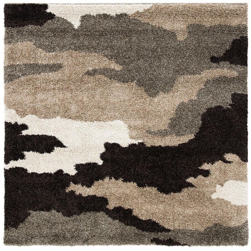 Luxurious Gray Square Shag Area Rug, Hand-Knotted Synthetic 5'x5'