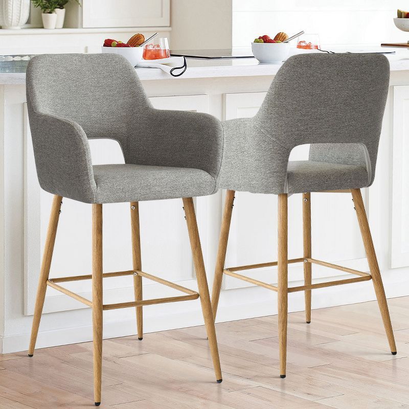 Gray Linen Upholstered Counter Height Bar Stools with Oak Legs, Set of 2