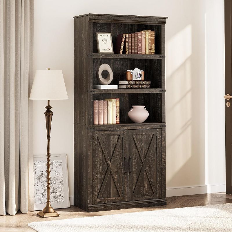 Dark Oak Adjustable 70'' Tall Farmhouse Bookcase with Doors