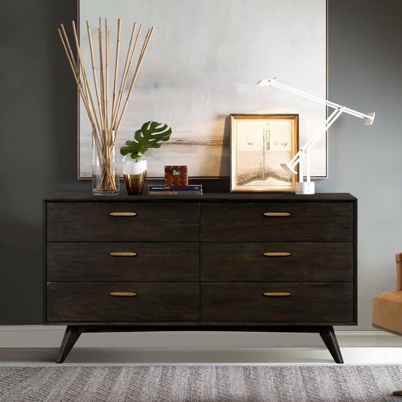 Baly Mid-Century Modern Double Dresser with Velvet Lined Drawers, Brown