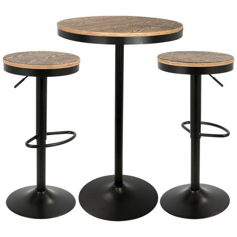 Dakota Industrial Black and Brown 3-Piece Pub Set with Adjustable Stools