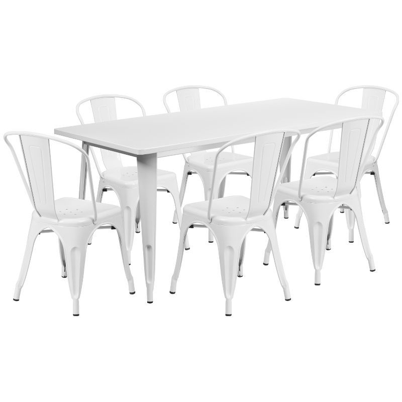 White Steel Rectangular Dining Table Set with 6 Stackable Chairs