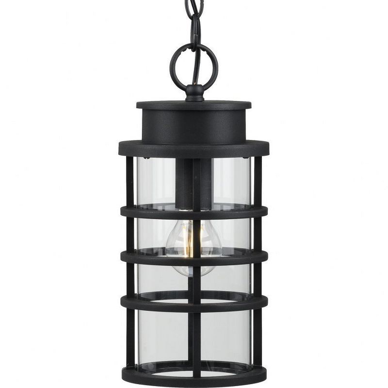 Black Ribbed Frame Outdoor Hanging Lantern with Clear Glass Shade