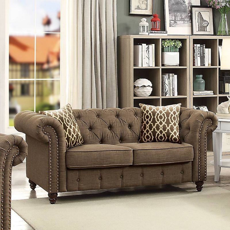 Aurelia Brown Linen Tufted Chesterfield Loveseat with Nailhead Trim