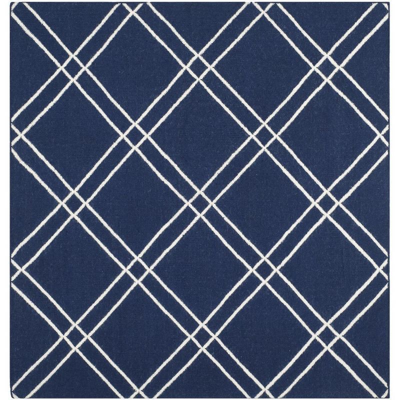 Handmade Navy/Ivory Wool 6' Square Flat Woven Reversible Rug