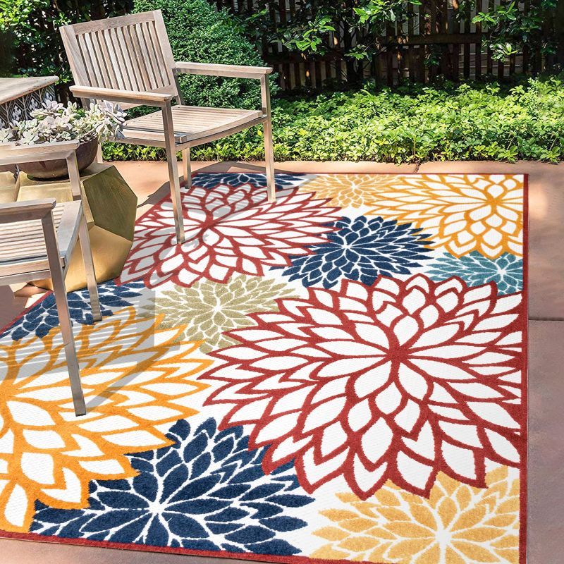 Minori Cream Red Blue Floral Synthetic Indoor Outdoor Rug