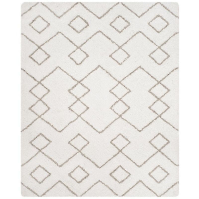 Ivory and Silver Geometric Hand-Tufted Shag Area Rug 8' x 10'