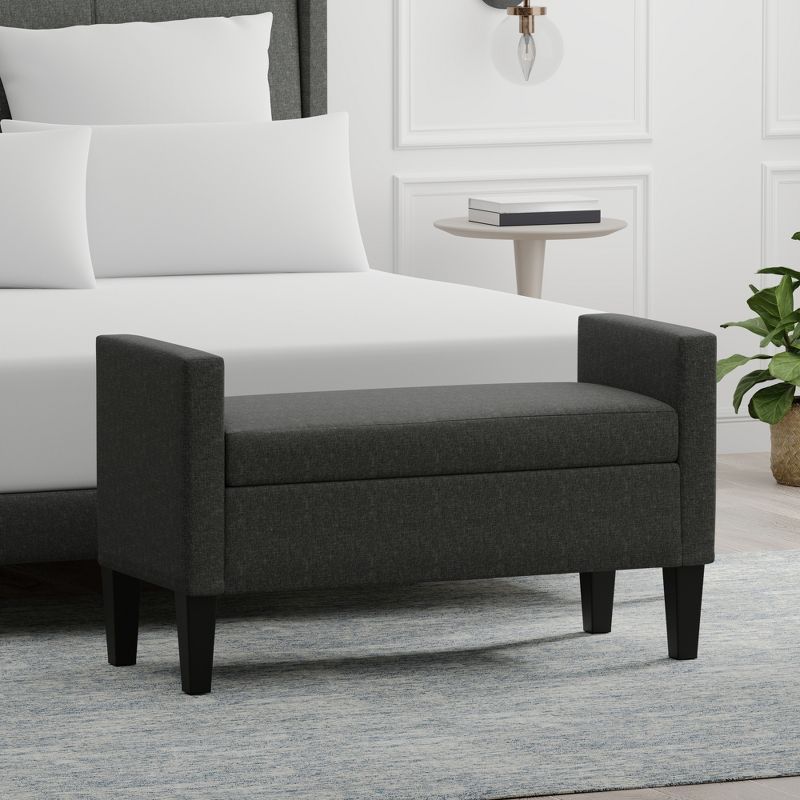 Modern Dark Gray Upholstered Storage Bench with Solid Wood Legs