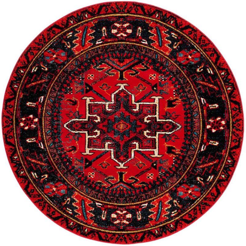 Red Round Oriental Synthetic High Pile Rug