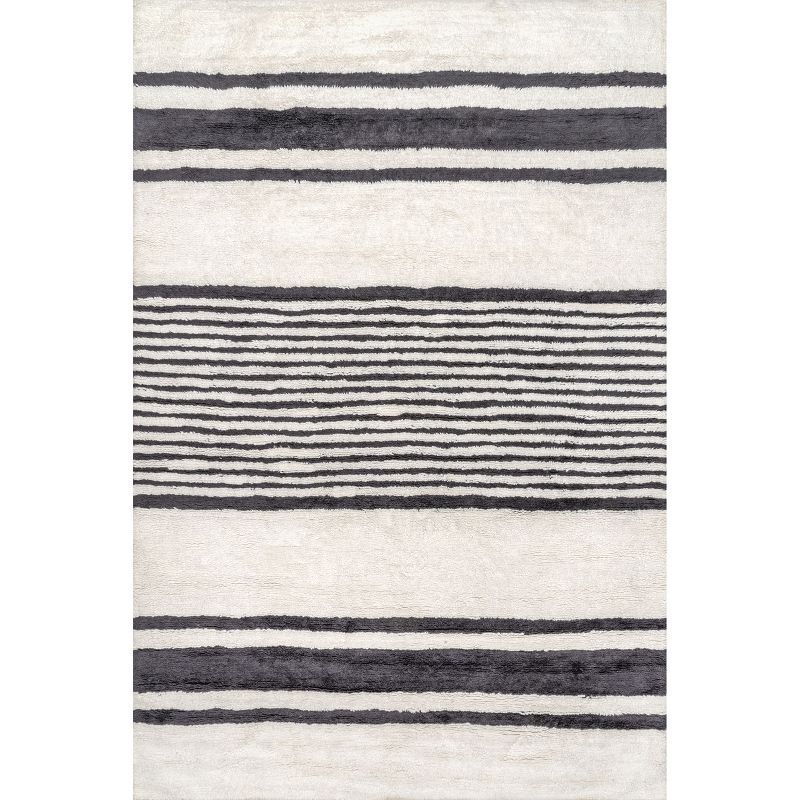 Ivory and Black Striped Wool Washable Area Rug 5' x 8'