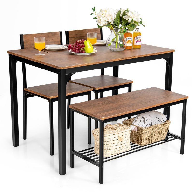 Brown Teak MDF and Steel Dining Set with 2 Chairs and Bench