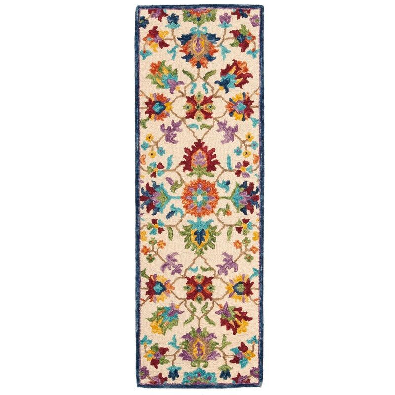 Aspen Blue and Ivory Floral Wool Runner Rug