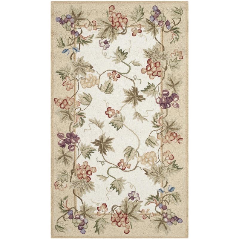 Ivory Floral Hand-Hooked Wool Area Rug, 3'9" x 5'9"