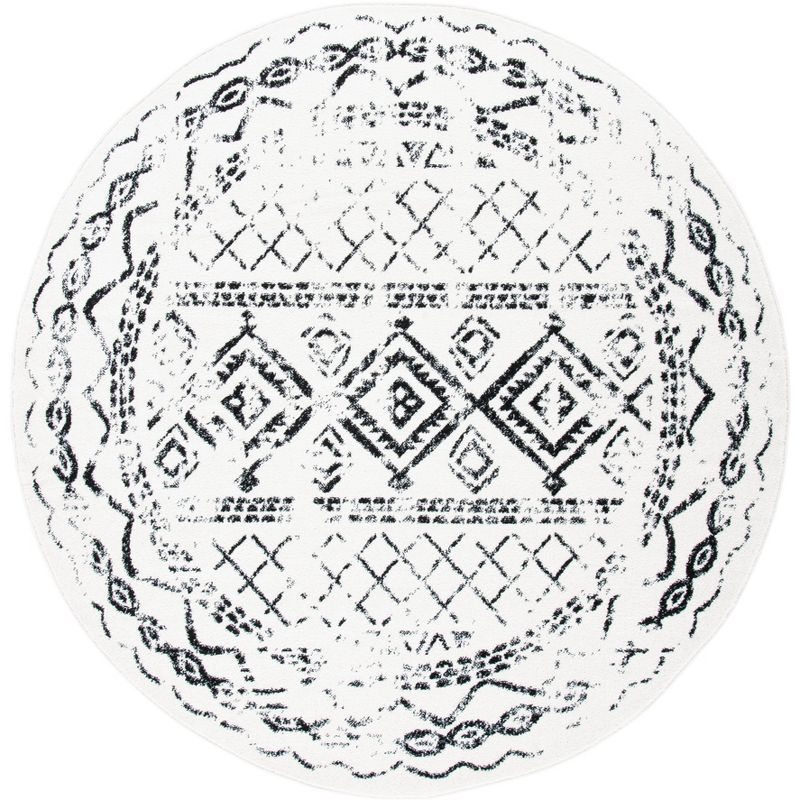 Ivory and Black Boho-Chic Synthetic 3' Round Area Rug