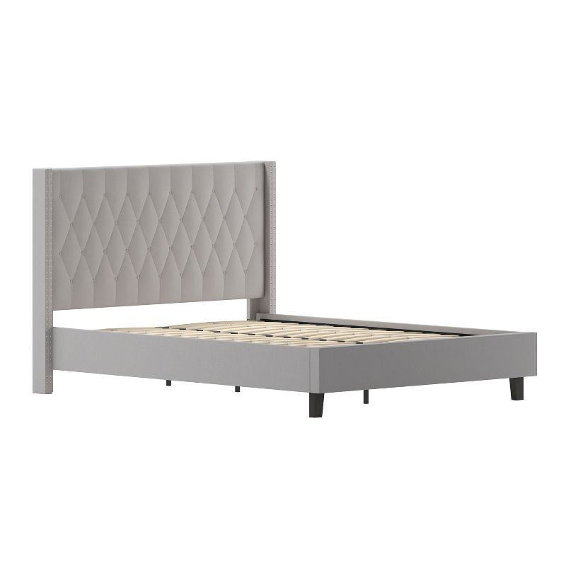 Riverdale Light Gray Upholstered Queen Platform Bed with Nailhead Trim