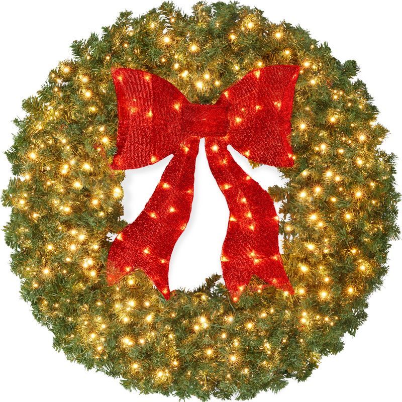 48" Green Artificial Christmas Wreath with Red Bow and LED Lights