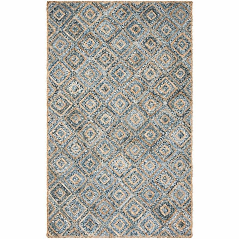 Natural and Blue Geometric 4' x 6' Handmade Jute Area Rug