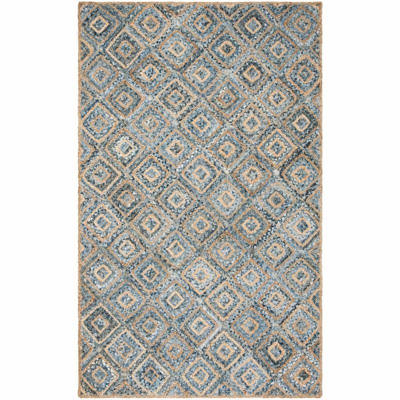 Natural and Blue Geometric 4' x 6' Handmade Jute Area Rug