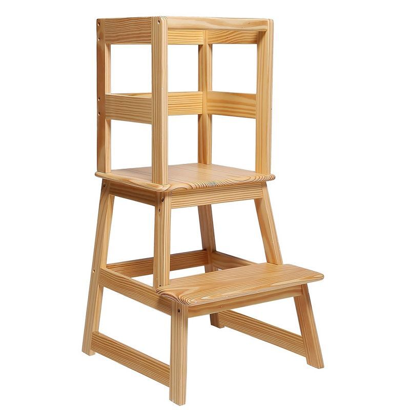 Natural Pine 2-Step Kids Kitchen Stool with Safety Rail