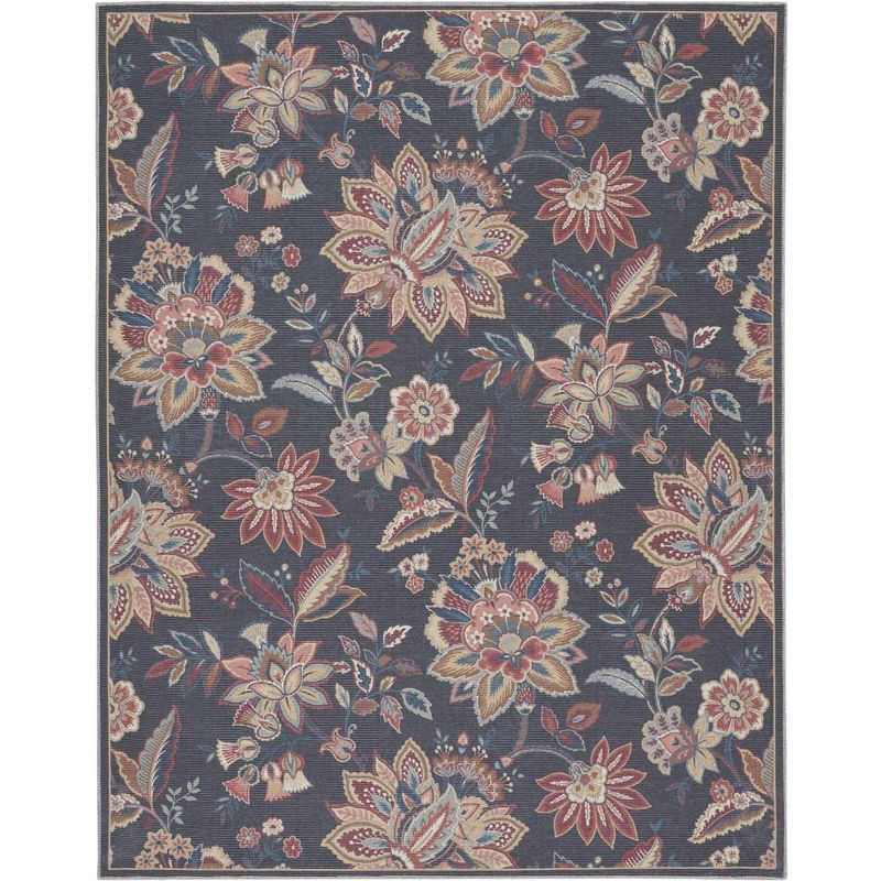 Charcoal Floral Rectangular Washable Synthetic Rug